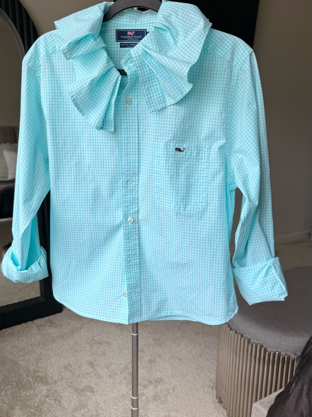Reloved Upcycled Ruffle Collar Button Down Shirt Vineyard Vines Aqua Gingham - Picture 10 of 11